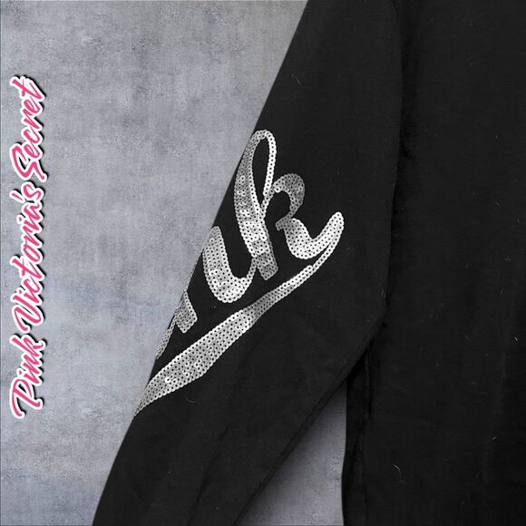 Preowned RARE PINK Victoria’s Secret Sequin Logo Hoodie - Black - Size XS - Picture 3 of 7